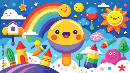 Happy sun rainbow clouds stars rockets and toys vector