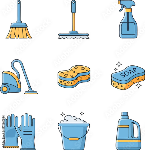 Collection of various cleaning tools and supplies, including a broom, mop, spray bottle, vacuum cleaner, sponge, soap, gloves, and bucket.