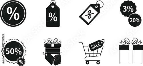 A set of black and white icons representing sales and discounts offers