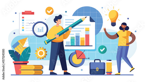 People analyzing charts and graphs with pencil and lightbulb business analysis