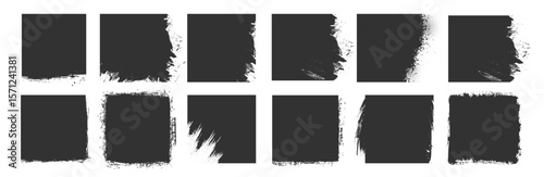 Grunge square shapes, rough brush textured vector design elements, ink frame set for abstract decoration on transparent background.