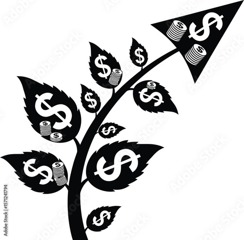 A money tree with dollar sign leaves and an arrow pointing upwards symbolizes financial growth and investment success