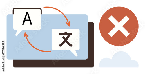 Two speech bubbles with language symbols connected by arrows, indicating translation flow. A red crossed-out mark suggests error or prohibition. Ideal for communication, language, translation