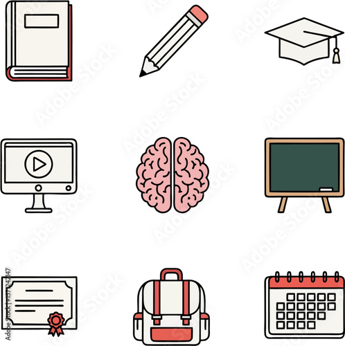 Collection of simple, outlined icons representing education and learning tools.