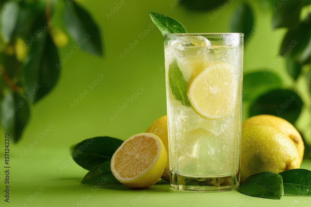 Fototapeta premium Fresh lemonade in front of a green backdrop