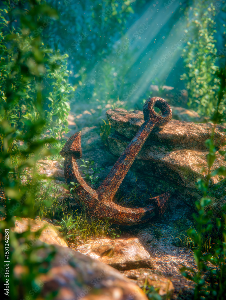 Obraz premium Rusty anchor resting among rocks and greenery under sunbeams in a serene natural setting