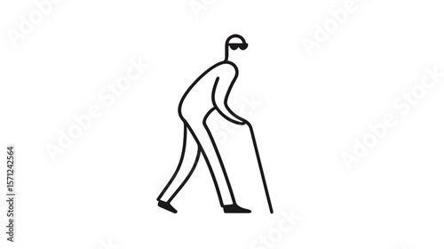 Elderly man walking with cane in minimalist line art style  