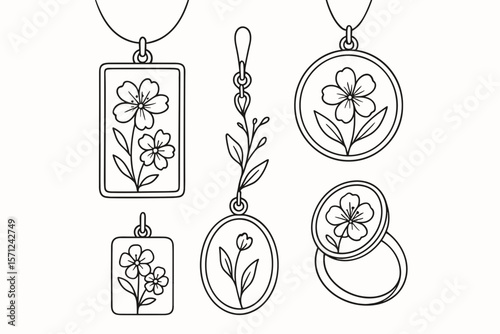 Floral jewelry pendants and ring illustrations in line art style  