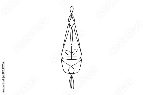 Minimalist macrame plant hanger design with potted plant inside  