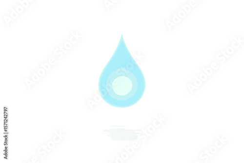 Glowing blue water droplet with reflection on white background  