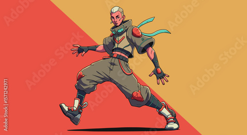 Stylized character in dynamic pose with colorful background  