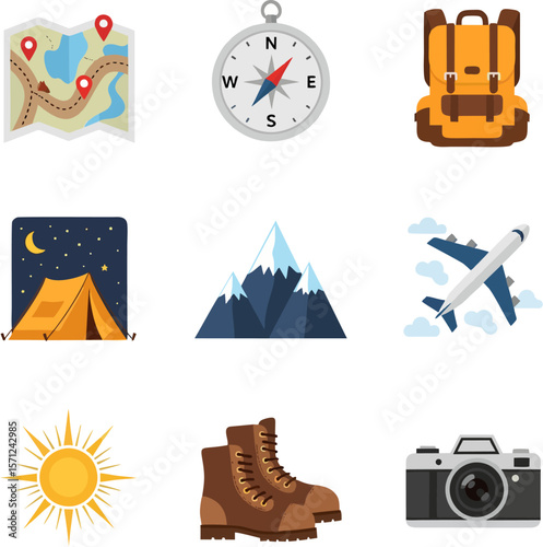 A collection of colorful travel and adventure icons, perfect for outdoor activities.