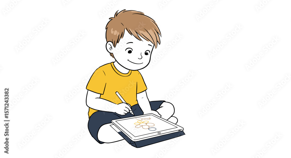 Young boy drawing on tablet while sitting on the floor indoors Young boy drawing on tablet while sitting on the floor indoors