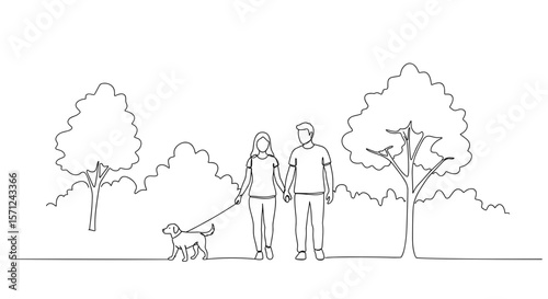 Line art couple walking a dog in a park with trees  
