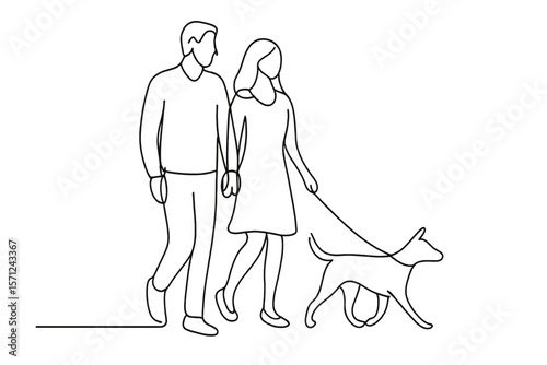 Couple walking dog in line art style with minimal details  