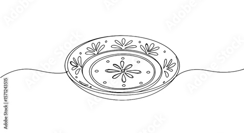 Line art ceramic plate decorated with floral patterns on white background  