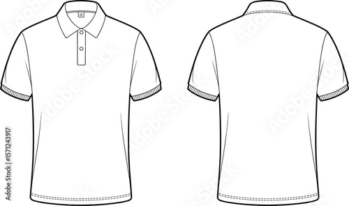 Men’s polo shirt flat sketch front and back, fashion design vector template, short sleeve, collar detail, CAD drawing illustration