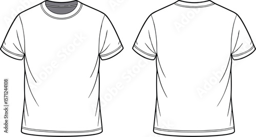 Mens fashion t-shirt front and back, CAD flat sketch, vector template, technical drawing, short sleeve design, clothing mockup
