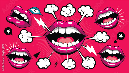 Vibrant pink lips speaking with comic book style effects mouth talking