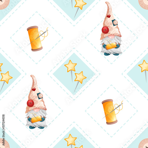 Seamless rhombus pattern with cute gnomes and thread for sewing and needlework. Geometric vector sewing texture with safety pins.