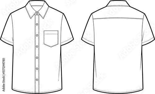 Short sleeve formal shirt front and back view, fashion flat sketch, CAD drawing template, vector design, button up apparel