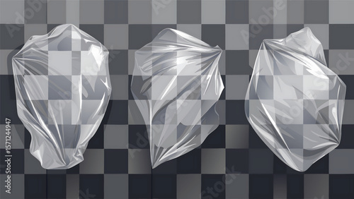 Three crumpled plastic wraps on checkered background transparent translucent