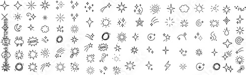 Sparkle and Twinkle Stroke Icon Set. Includes Stars, Light Burst, Shine, Glitter, and Glow Effects. Editable Doodle Vector Icons.