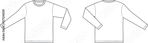 Long sleeve kids t-shirt front and back view, flat sketch, CAD fashion template, technical vector drawing for clothing design