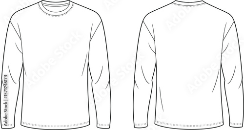 Long sleeve t-shirt front and back flat sketch, vector outline, CAD fashion template, technical drawing for apparel design