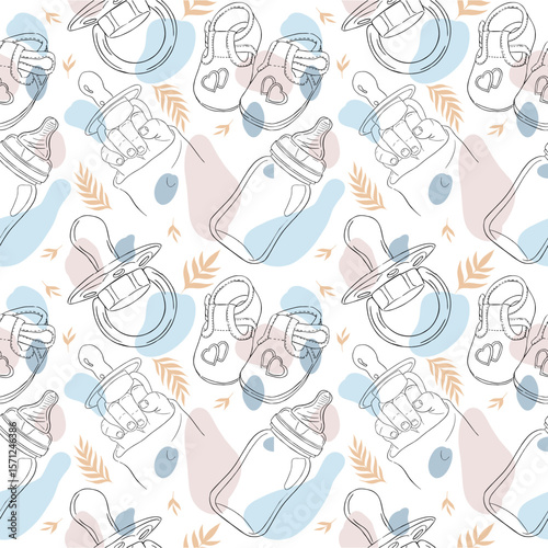 Childrens line-style pattern with branches, nipples and colored spots. Vector illustration