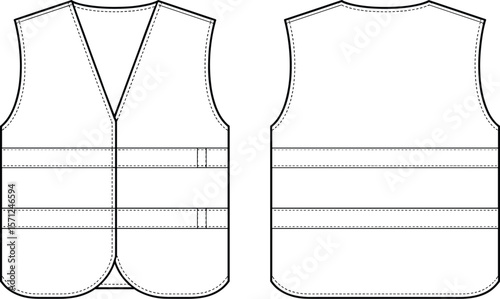 Safety vest flat vector design, front and back CAD sketch, reflective gear clothing template, construction uniform technical drawing