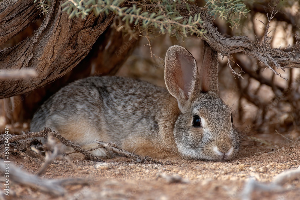 Fototapeta premium A Desert Cottontail Rabbit resting in the shade of a creosote bush in the Sonoran Desert Pima County Tucson Arizona 2018