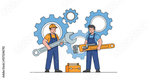 Two mechanics working together holding large wrenches with gears and toolbox background