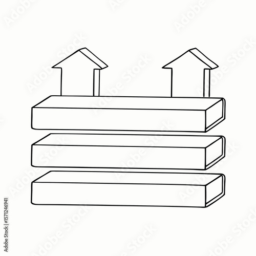 three stacked blocks with upward arrows black line drawing for infographic