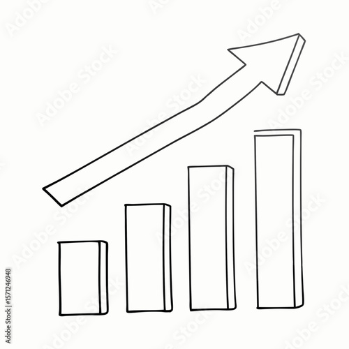 bar chart with rising arrow pointing up black line drawing for infographic