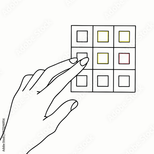 hand pointing finger at selected item in grid interface black line drawing for infographic
