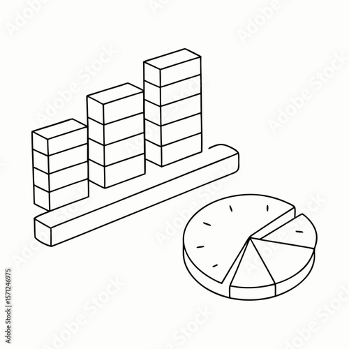 stacked bar chart with two segments per bar and a pie chart next to it, black line drawing for infographic