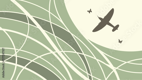 Vector Vintage airplane silhouette flies over abstract green waves, creating serene atmosphere