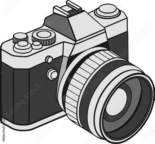 A stylized illustration of a vintage camera with a prominent lens and various dials presented in a clean graphic and monochromatic style against a white background

