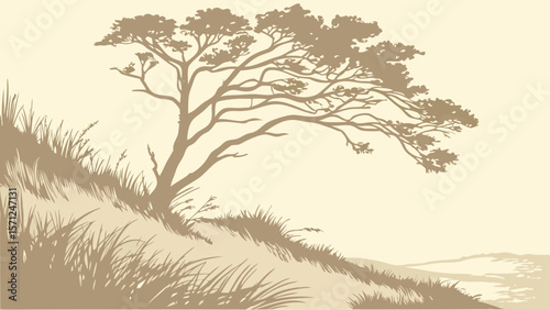 Vector Serene landscape features solitary tree on grassy hill, evoking tranquility and nature beauty