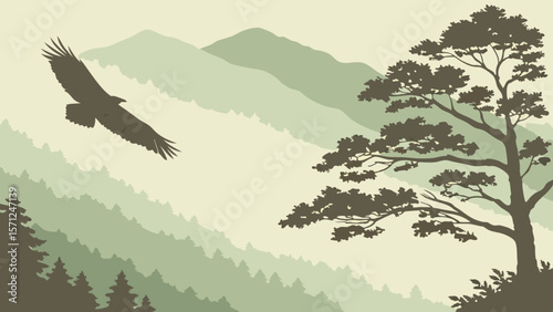 Vector Serene landscape illustration showcases mountains, trees, and soaring bird, evoking tranquility