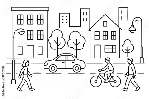 Urban street with buildings, trees, people walking and a cyclist. Minimalist city coloring page for kids. 