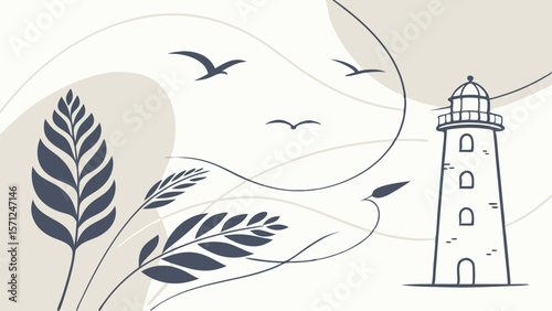 Vector Lighthouse illustration with birds and abstract foliage creates serene atmosphere