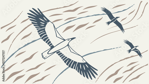 Vector Serene illustration depicts birds soaring through gentle winds, showcasing freedom and grace