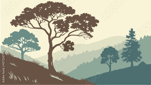 Vector Lush landscape features stylized trees and rolling hills in soft colors, evoking tranquility