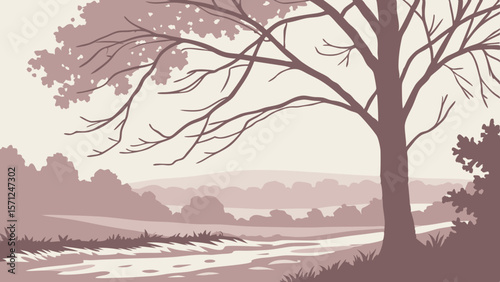 Vector Serene landscape featuring large tree with bare branches, set against muted background