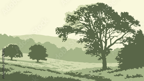 Vector Serene landscape featuring trees in muted greens, creating peaceful atmosphere
