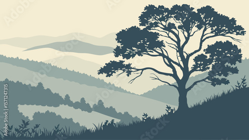 Vector Serene landscape featuring silhouette of tree against rolling hills in muted tones