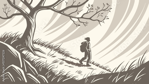 Vector Solitary hiker walks along winding path under stylized tree, surrounded by swirling clouds