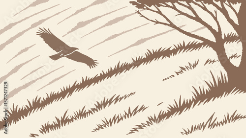 Vector Serene landscape featuring hawk soaring above grassy hill with tree in background